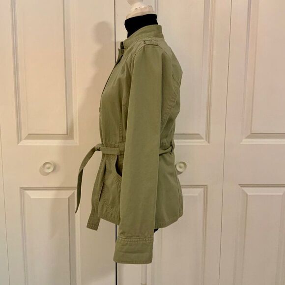 French Cuff Sage Green Button Front Cotton Belted Utility Jacket Medium - Picture 3 of 11